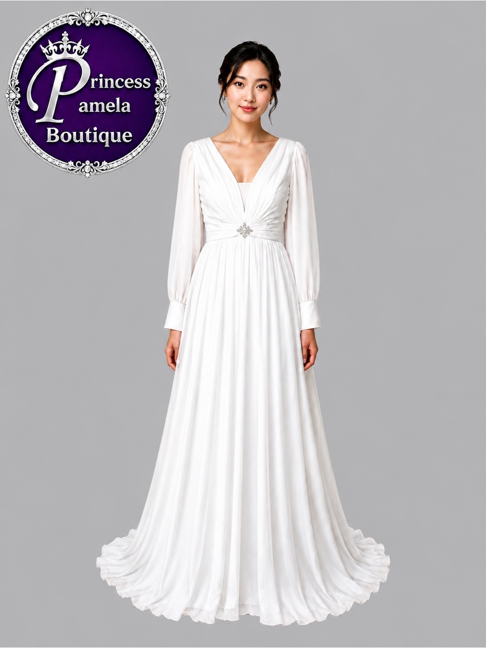 #W 60 - 18: White V-Neck Long Sleeve Chiffon Maxi Dress.  Small/Size 4